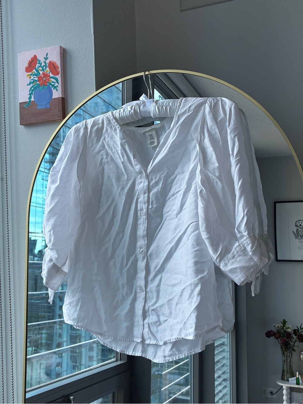 H&M White Button-Front Puff Sleeve Shirt